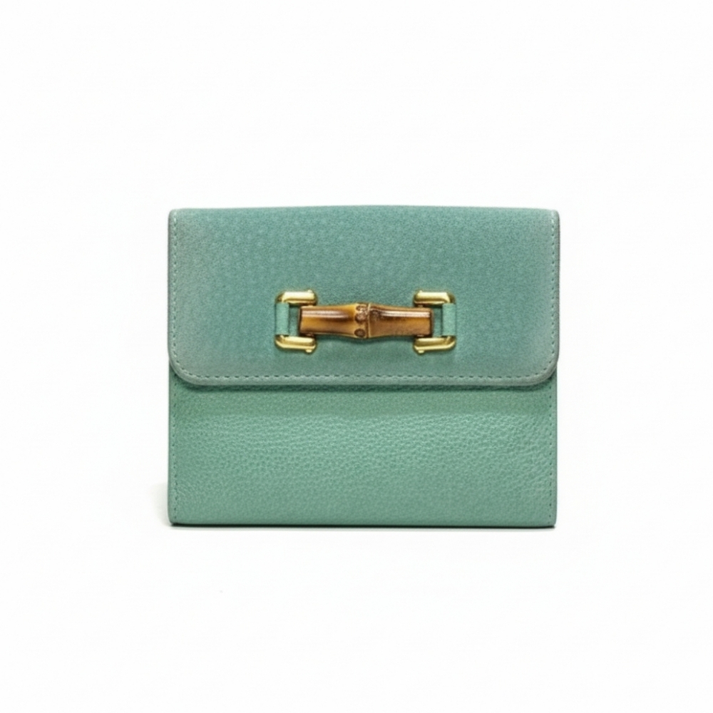 Gucci Bamboo Mint Green Compact Leather & Suede Wallet - EUC!